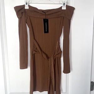 Pretty little thing chocolate bandage Bardot tie detail bodycon dress